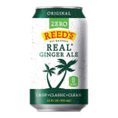 A can of Reed's Zero All-Natural Real Ginger Ale, featuring a green and white design with palm trees, displays "0 calories" and "Crisp Classic Clean" on the label, emphasizing its refreshing qualities.