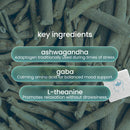 Three key ingredients are highlighted: ashwagandha for stress relief, GABA for mood balance, and L-theanine for relaxation, set against a background of ashwagandha roots.