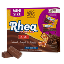 A box of Rhea candy bars features a colorful design with the text "Mini Size" and "Milk," showcasing the candy's caramel, nougat, and peanuts, with two bars in front.