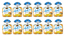 Twelve packages of Old Tyme 647 sandwich bread are arranged in a grid, each featuring a blue and yellow design with nutritional information highlighting fewer calories and high fiber content.