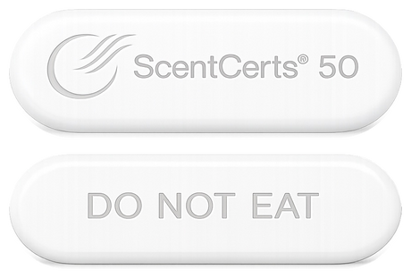 A white, oval-shaped product labeled "ScentCerts® 50" on one side and "DO NOT EAT" on the other, designed for scent delivery in an e-commerce setting.