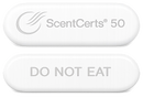 A white, oval-shaped product labeled "ScentCerts® 50" on one side and "DO NOT EAT" on the other, designed for scent delivery in an e-commerce setting.