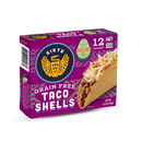 A colorful package of Siete Grain Free Taco Shells prominently displays the brand logo, highlights made with avocado oil, and shows a taco filled with meat and toppings, indicating a gluten-free product.