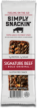 A packaged snack labeled "Simply Snackin' Signature Beef Bold Original," featuring a beef jerky product, highlighting its gluten-free status and made with 100% grass-fed beef.