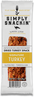 A packaged snack featuring a dried turkey product labeled "Simply Snackin'," highlighting its protein content, gluten-free status, and crafted in a family-owned micro-snackery.
