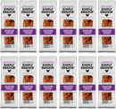 A grid of twelve individually packaged Simply Snackin' Signature Chicken protein snacks, featuring a white background, purple labels, and text highlighting gluten-free and low sugar content.