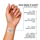 A hand with neatly manicured nails holds a skin patch on the wrist, accompanied by step-by-step instructions for using a daily iron support patch.