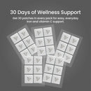 A collection of 30 wellness patches featuring a bear design is displayed on a gray background, promoting everyday iron and vitamin C support.