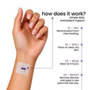 A hand with neatly manicured nails holds a skin patch on a wrist, accompanied by instructions for use, explaining how to peel, apply, wear, and repeat the process for antioxidant support.