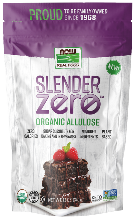 A purple and white bag of "Slender Zero Organic Allulose," a zero-calorie sugar substitute for baking and beverages, features a brownie topped with raspberries and chocolate drizzle.