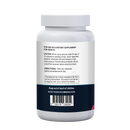 A white dietary supplement bottle displays caution and usage instructions, indicating it is for adults only and advises taking two capsules before breakfast each day.