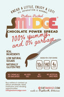 A colorful product label for "SMUDGE Chocolate Power Spread" highlights its protein content, natural ingredients, and gluten-free status, featuring a spoon with chocolate spread and various nutritional claims.