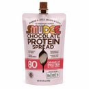 A pink pouch of Smudge Chocolate Protein Spread features a spoon graphic, highlighting 80 grams of protein per pouch, and notes that it's naturally sweetened and gluten-free.