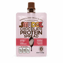 A pink pouch labeled "Smudge Chocolate Protein Spread" displays nutritional information and a spoon graphic, emphasizing it is gluten-free, naturally sweetened, and made with olive oil.