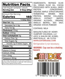 Nutrition facts label for a food product shows serving size, calories, and ingredients, including refined olive oil, cocoa, and protein sources, with a warning about choking hazards on the cap.