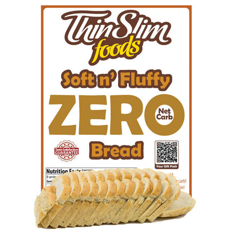 A package of ThinSlim Foods Soft n' Fluffy Zero Net Carb Bread displays sliced bread in front of a colorful label highlighting its low-carb features and taste satisfaction guarantee.