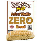 A package of ThinSlim Foods Soft n' Fluffy Zero Net Carb Bread displays sliced bread in front of a colorful label highlighting its low-carb features and taste satisfaction guarantee.