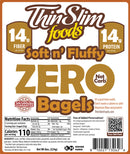 A product label for Thin Slim Foods' Soft n' Fluffy Zero Bagels, highlighting 14g of fiber and protein per serving, with nutritional information and a guarantee of taste satisfaction.
