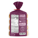 A bag of bagels is shown with a purple label displaying nutrition facts, highlighting complete proteins, low sugar, and high fiber, along with a message about feeding your potential.