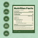 Nutrition facts label displaying zero calories, fat, sugar, and sodium, with details on serving size and ingredients like organic inulin and stevia, set against a leafy green background.