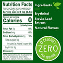 Nutrition facts label for a sweetener product, listing ingredients like erythritol and stevia leaf extract, with a prominent note indicating zero calories per serving.