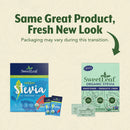Two boxes of SweetLeaf organic stevia sweetener are shown side by side, one with a blue design and the other in a light green, highlighting a packaging change with a note about potential variations.