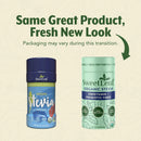 Two containers of SweetLeaf organic stevia sweetener are shown side by side, one with a blue label and the other with a green label, highlighting a packaging transition with a note about product consistency.