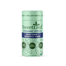 A light green container labeled "SweetLeaf Organic Stevia" features a design with leaves, highlighting it as a zero-calorie sweetener with prebiotic fiber, and weighs 3.2 ounces.