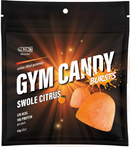 A black packaging for "Gym Candy Bursts" features bright orange center-filled gummies, labeled "Swole Citrus," with nutritional information highlighting 120 calories and 14 grams of protein per pack.