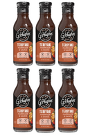 Six bottles of G. Hughes Zero Sugar Teriyaki Marinade and Sauce are arranged in two rows, showcasing the product's label featuring nutritional information and a gluten-free symbol.