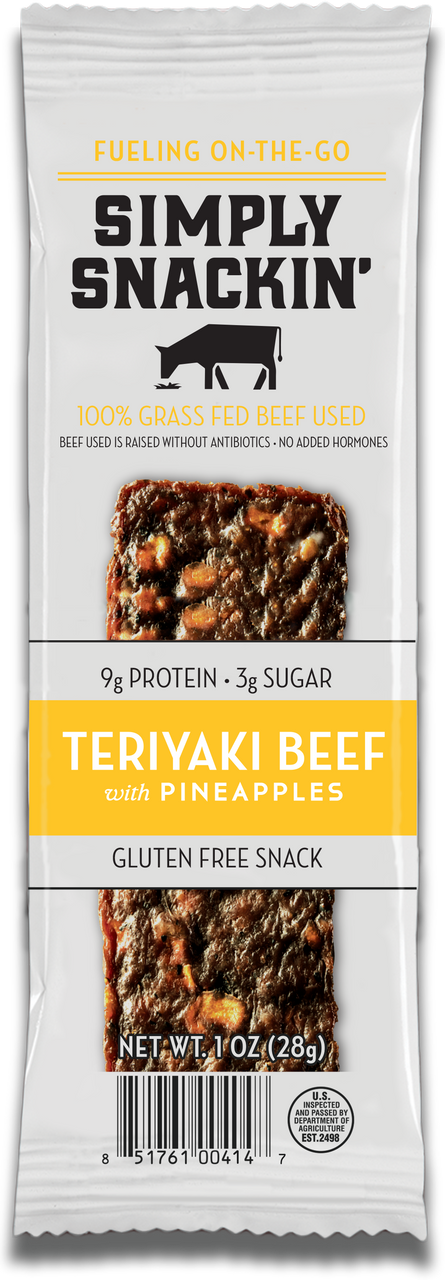 A packaged snack featuring a teriyaki beef jerky bar with pineapple pieces, labeled "Simply Snackin'," highlighting its gluten-free and grass-fed beef qualities.