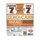 The packaging features Thin Slim Foods Zero Net Carb Bread, highlighting 7g of protein and fiber per two slices, with a nutrition facts label and a note about no added preservatives.