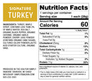 Nutrition facts label for "Signature Turkey," detailing serving size, calories, and nutrient content including fats, cholesterol, sodium, carbohydrates, sugars, and protein.