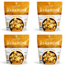 Four bags of Ashapops popped water lily seeds are displayed, featuring a turmeric garlic flavor, with each bag showing a bowl of the crunchy snack and highlighting its vegan and low-calorie attributes.