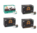 Four boxes of single-serve organic coffee pods are displayed, featuring Decaf, Rise & Shine, Half Caff, and French Roast varieties, each labeled with their respective names and packaging details.