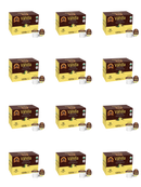 Twelve boxes of French Vanilla flavored coffee pods are arranged in a grid, each box displaying the brand name and product details, with a coffee pod beside each box.