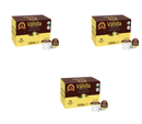Three boxes of French Vanilla flavored coffee are displayed, each containing 12 single-serve cups, featuring a vanilla flower graphic and branding on a brown background.