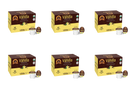 Six boxes of French Vanilla flavored coffee pods are arranged in a grid, each box containing 12 single-serve cups, featuring a yellow and brown design with a vanilla flower illustration.