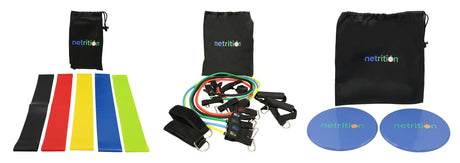 A fitness kit featuring colorful resistance bands, a set of exercise handles, and two blue gliding discs, all neatly arranged with a black drawstring bag labeled "netrition."
