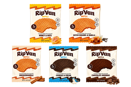 Five varieties of RipVan Wafels are displayed, including Honey & Oats, Dutch Caramel & Vanilla, Snickerdoodle, Cookies & Cream, and Chocolate Brownie, each featuring colorful packaging and nutritional information.