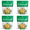 Four bags of ASHAPOPS popped water lily seeds are displayed, each featuring a green design and labeled "Vegan Cheese Flavored," highlighting their crunchy, puffed snack appeal.