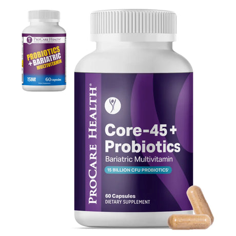 A bottle of ProCare Health Core-45+ Probiotics dietary supplement is shown with a label highlighting "15 Billion CFU Probiotics" and "60 Capsules," alongside a smaller bottle of probiotics and a beige capsule in front.