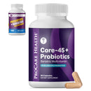 A bottle of ProCare Health Core-45+ Probiotics dietary supplement is shown with a label highlighting "15 Billion CFU Probiotics" and "60 Capsules," alongside a smaller bottle of probiotics and a beige capsule in front.