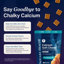A package of TruCal Calcium Soft Chews in sea salted caramel flavor is displayed with caramel pieces scattered around, highlighting their smooth texture and clean taste for better calcium absorption.