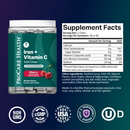 A clear container of Procare Health Iron + Vitamin C soft chews, featuring a cherry flavor label, displays nutritional information and ingredients against a gradient background.