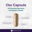 A beige capsule is displayed with text highlighting its benefits, including "Once-Daily," "Fast-Dissolving," "Third-Party Tested," and "18 mg Iron," promoting essential nutrients for bariatric health.