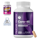 A purple bottle labeled "Core-45 Bariatric Multivitamin" with 90 capsules and 45 mg of iron per serving is shown next to a smaller bottle with a quality approval seal.