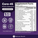 A purple product label for Core-45 Bariatric Multivitamin displays supplement facts, including vitamins and minerals, with emphasis on iron content and daily serving details.