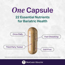 A brown capsule is displayed on a light background, highlighting its benefits: once-daily use, fast-dissolving formula, third-party tested, and iron-free, promoting bariatric health with 22 essential nutrients.
