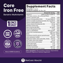 A purple label displays the supplement facts for ProCare Health's Core Iron Free Bariatric Multivitamin, listing vitamins and minerals with their amounts and daily values for one capsule serving.